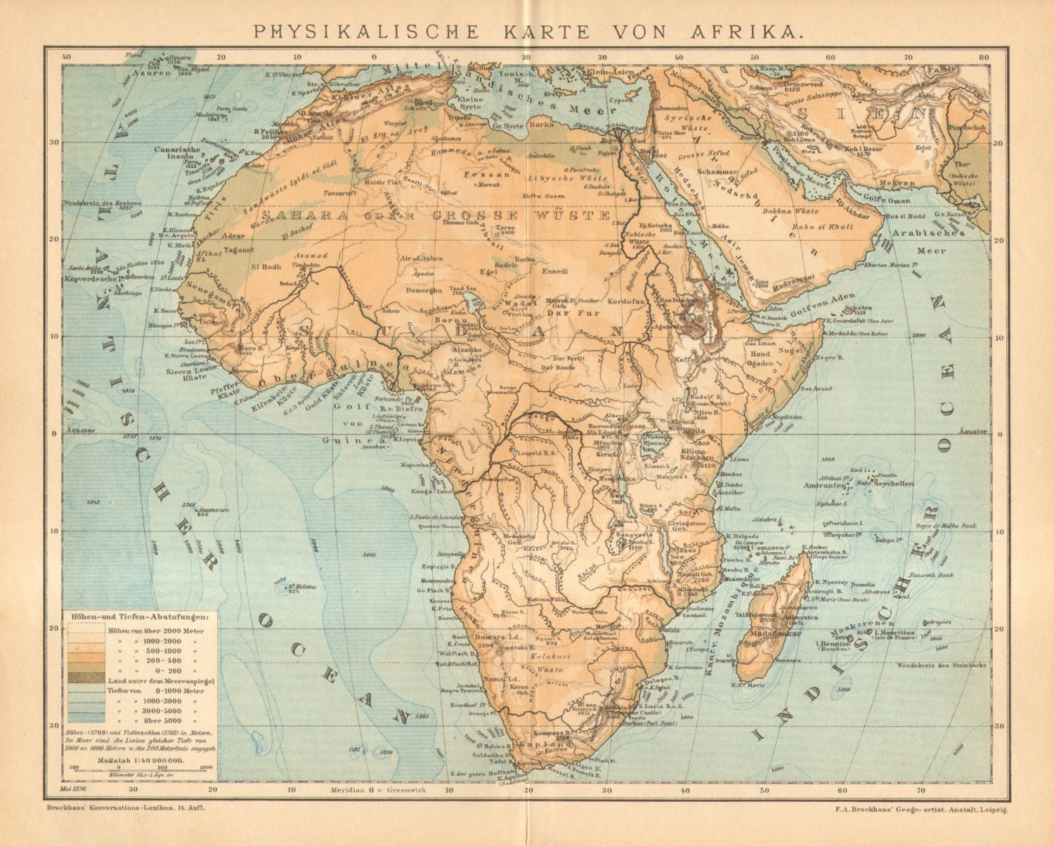 1896 Original Antique Dated Relief Map of Africa and