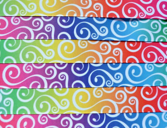 White swirls on rainbow 7/8" grosgrain ribbon Il_570xn