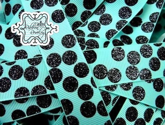 Black glitter silly dots printed on aqua 7/8" grosgrain ribbon-High Quality Il_570xn