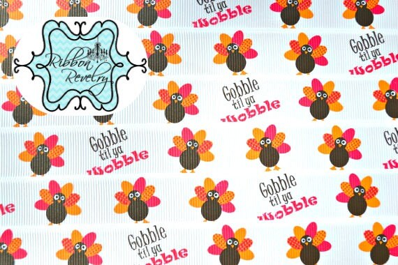 Orange & fuschia turkeys Gobble till you wobble on 7/8" grosgrain ribbon Il_570xn