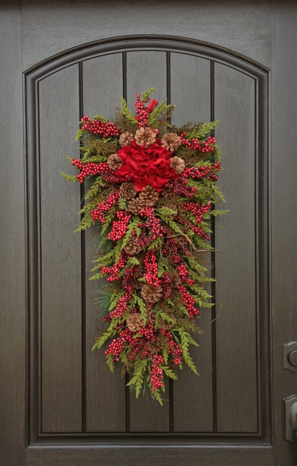 Christmas Wreath-Winter Wreath- Holiday Decor- Vertical- Teardrop Wreath- Door Swag Decor-Seasons Greetings-Cabin Wreath-Rustic Wreath