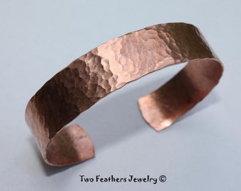 Hammered Copper Cuff Bracelet - 7th Anniversary Gift - Hand Forged Copper Jewelry For Women Or Men- Arthritis Jewelry - Two Feathers