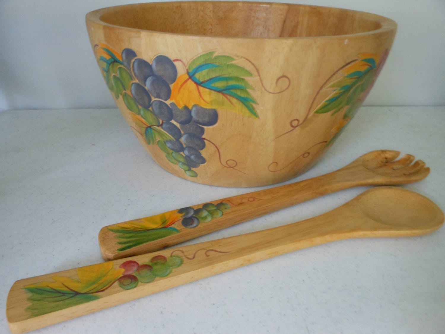 Wood Salad Bowl & Utensils Painted Grapes CLAY ART Large Size