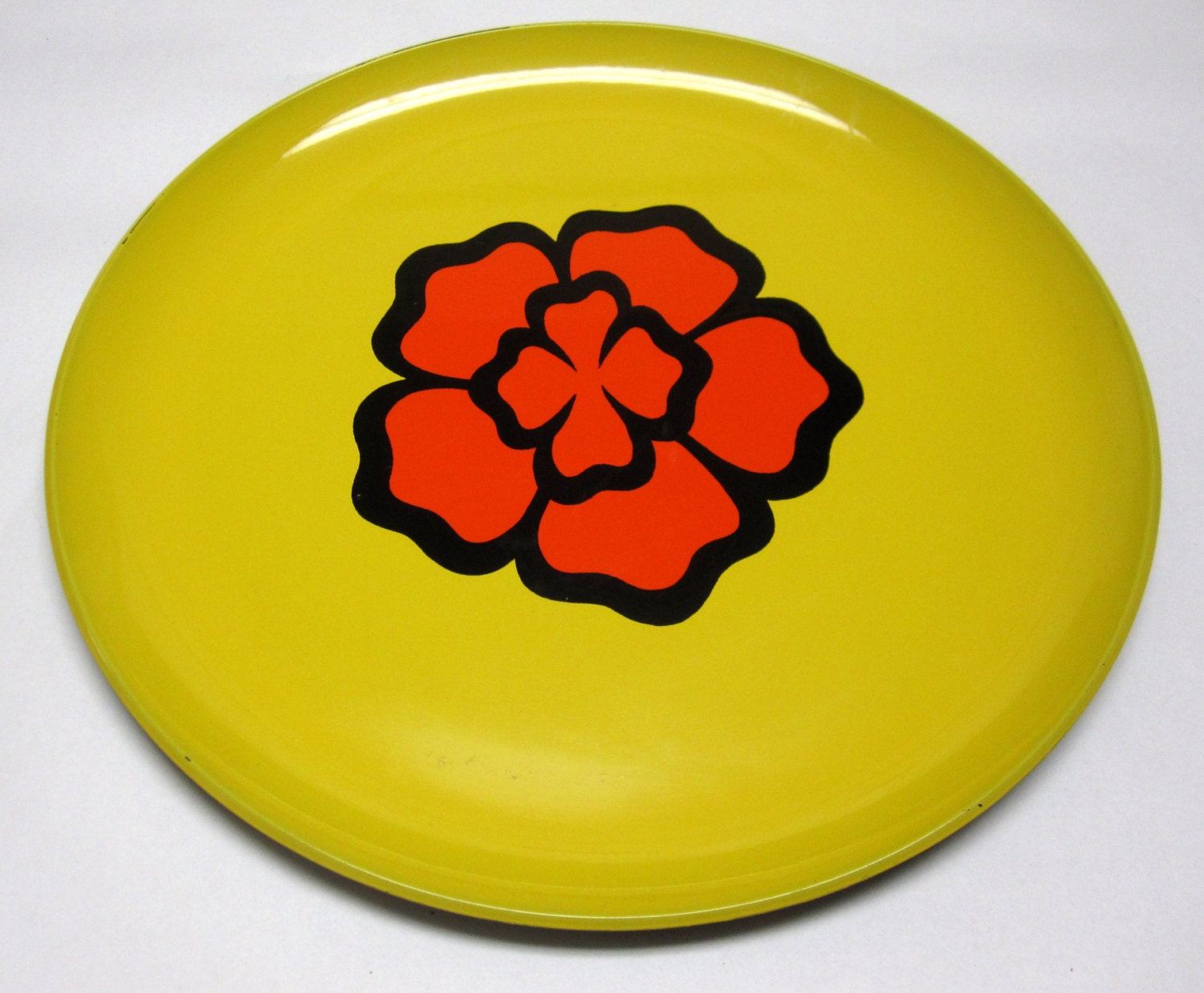 Yellow Orange Platter Plate 60s Modern Flower Black Large Tray Serving