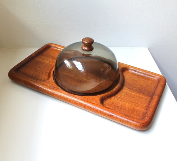 Danish Modern Teak Smoke Gray Cheese Dome Covered Server