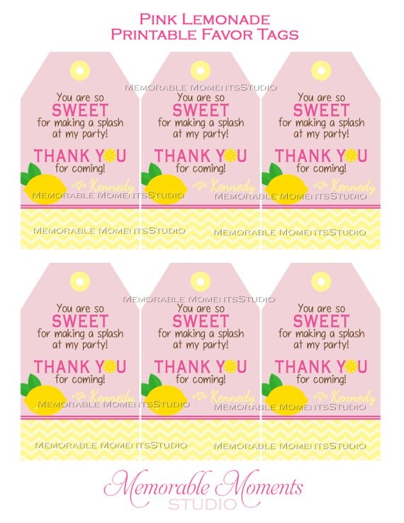 PRINTABLE FAVOR TAGS Pink Lemonade Party by MemorableMomentsSt