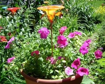 CONTAINER GARDENING, Orange-Yellow, Bird and Butterfly Feeder, stained glass, copper art, garden stake, Garden Art