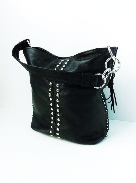Items similar to Black Leather Purse with Studs and Chain Detail on Etsy