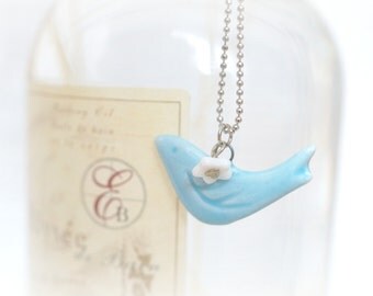 Pale Blue Ceramic Dove with White Flower Necklace