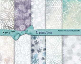 Digital Christmas Papers // Snowflakes, snow // light blue, green decoupge papers Commercial Use // 8.5 x 11 in sheets, 10 papers (013us)