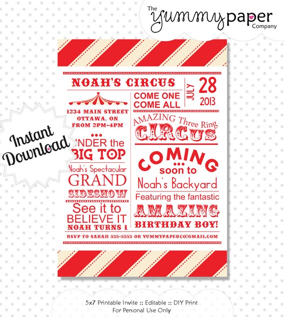 Editable Circus Invitation ... Printable Vintage Circus Invite - Editable Invitation .. svc01 Signature Collection Il_570xn