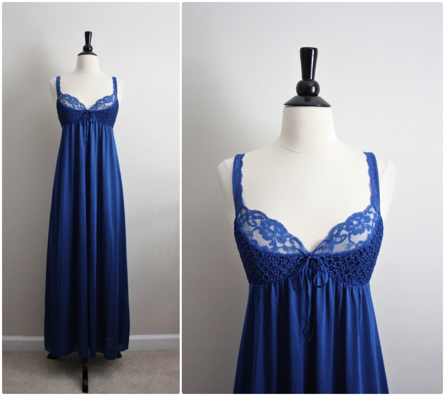 Vintage 70's Nightgown Royal Blue Slip Dress. Full Slip.
