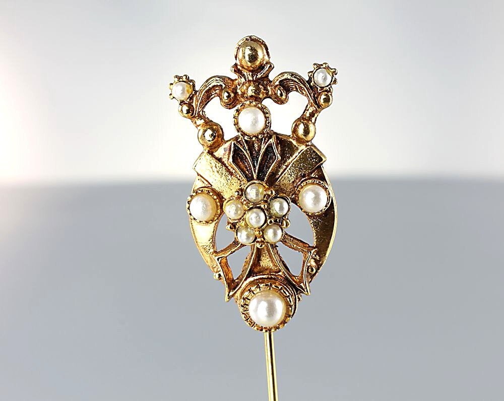 Vintage Florenza Pearl Stick hat Pin heraldic crown victorian