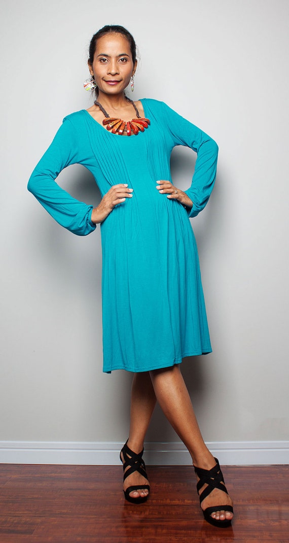 Short Turquoise Dress with Long Sleeve Casual Dress by Nuichan