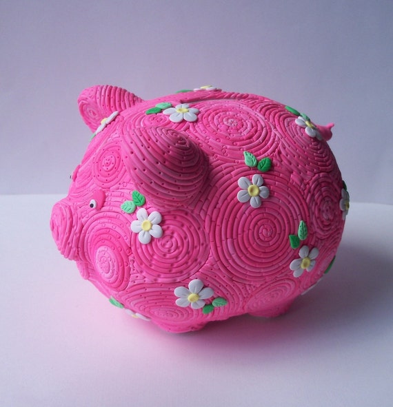 Piggy Bank polymer clay decorated coin bank by FlowertownOriginals