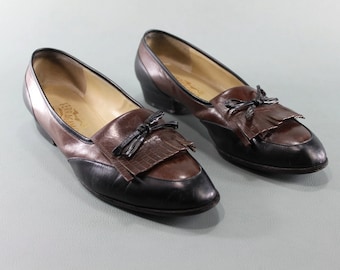10 SALVATORE FERRAGAMO Vintage Ladies Women's Shoes Pumps Heels Tassel Penny Loafers Oxfords Designer Two Tone Black Brown Italian Leather