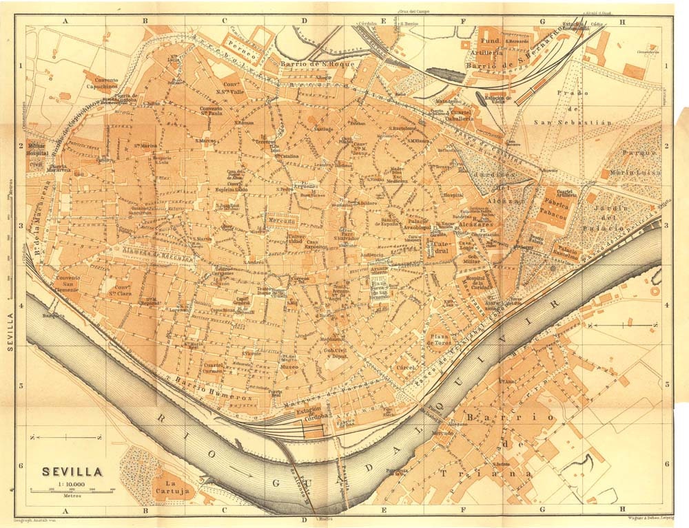 Antique City Map of Seville Spain Baedeker Street Plan