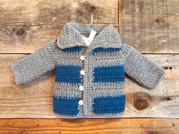 Items similar to Baby Boy Blue and Grey Crochet Jacket Sweater Sizes ...