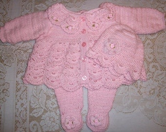 Crochet Baby Girl Pink and White Sweater Set Layette For Take