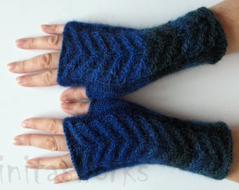 Fingerless Gloves Dark Blue Arm Warmers Knit Soft