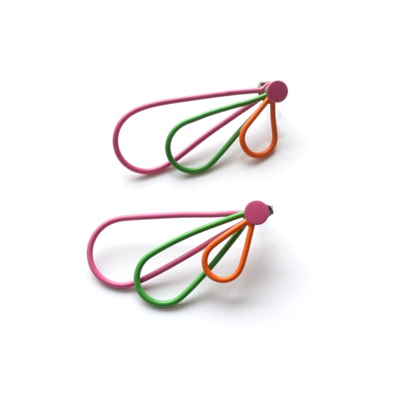  pink, orange and green simple stacking earrings in a teardrop shape