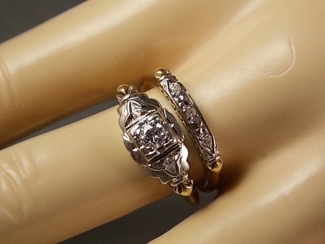 1930s Diamond wedding ring set .23 Ctw WG/YG 14K 5 gm Size 7.5