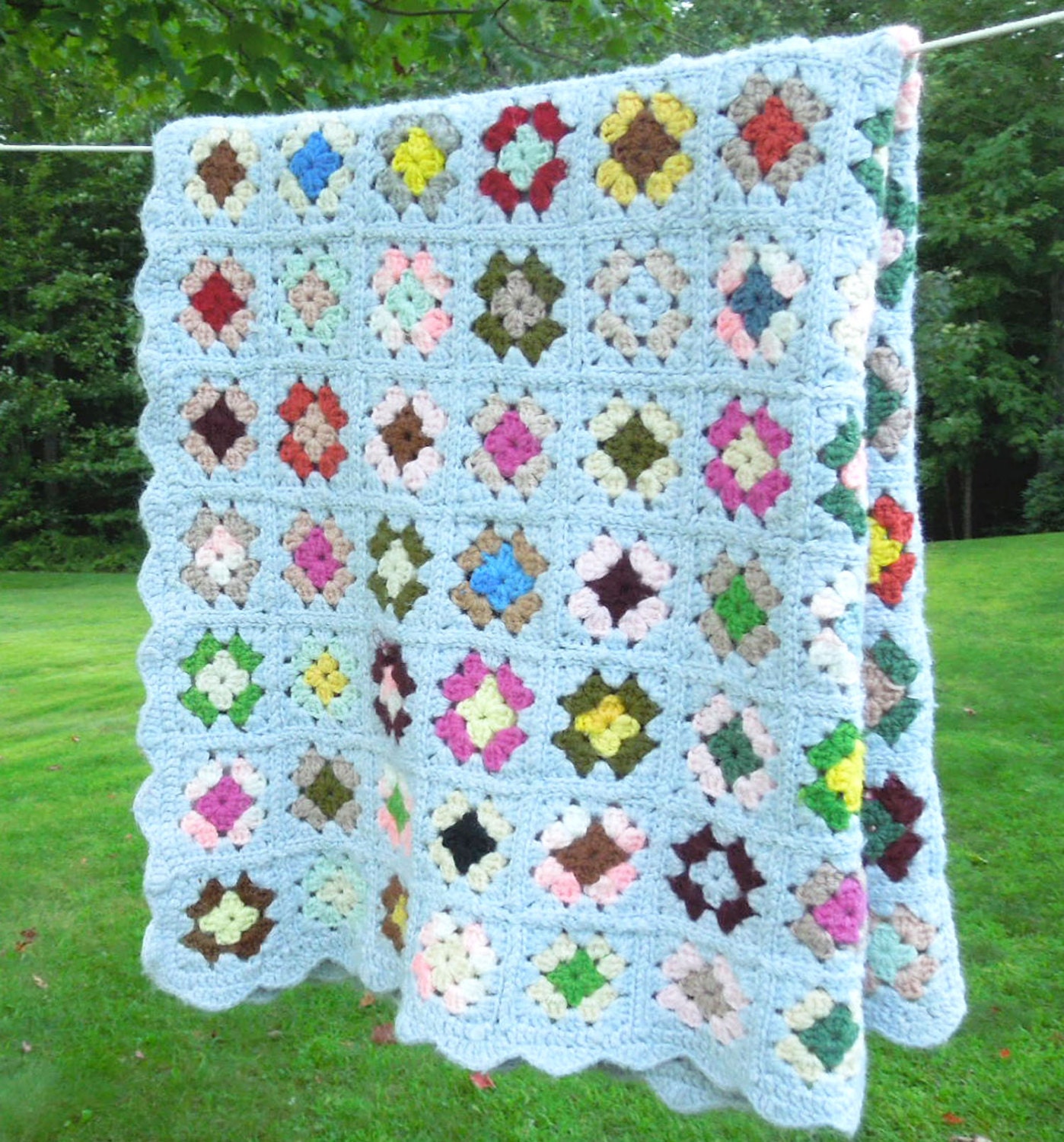 Beautiful vintage crochet afghan blanket throw in bluish grey