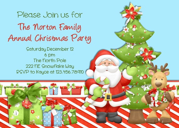 Santa Christmas Party Invitation with Reindeer Gifts Tree Custom Printable Design Il_570xn