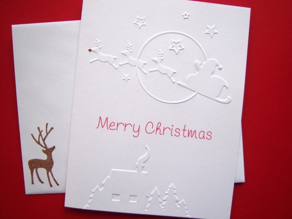 Set Of 10 Santa With Reindeer Embossed Christmas Cards