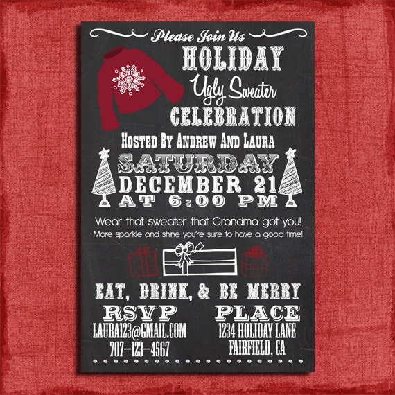 Holiday/Christmas Ugly Sweater Chalk Style Party 4x6 or 5x7 Invitation-Print at home-DIY Printable Il_570xn
