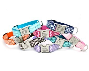 Chevron Stripe Personalized Dog Collar with Laser Engraved Buckle