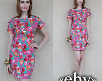 Vintage 90s Floral Bandage Mini Dress S M Tight Dress Floral Dress Summer Dress Bandage Dress Bodycon Dress Pink Dress