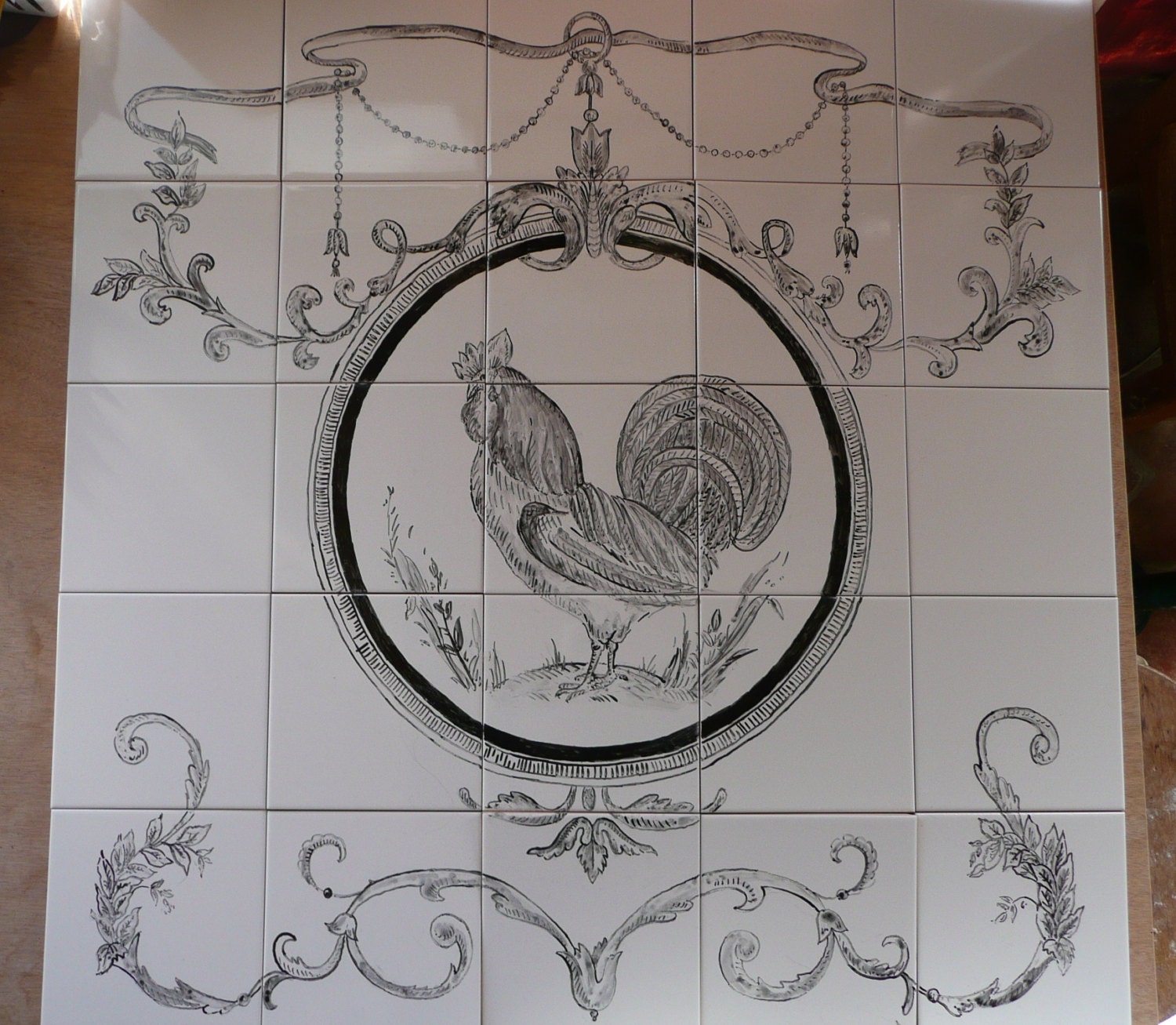 French Country Rooster Handpainted Tile Mural 30 x