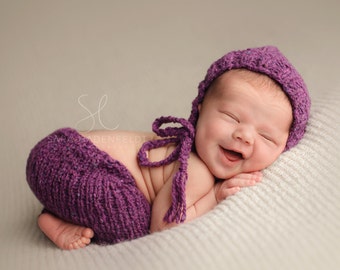 SALE - Newborn Set, Newborn Hat, Newborn Pants, Photo Prop, Purple, Tweed