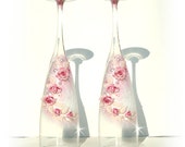 Beautiful hand decorated Romantic Wedding or Anniversary Champagne Glasses, elegant Toasting Flutes with beads and flowers