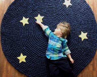 Kids Rug Reach for the Stars Navy Cotton Crochet Rug with Yellow Stars