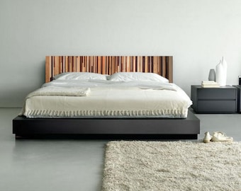 Modern Reclaimed Wood Wall Art - Wood King Headboard in Browns, Tan, Cream and Gray Stripes