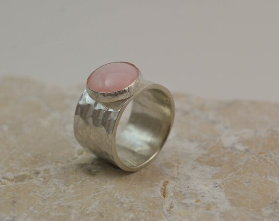 Gemstone Pink Opal Ring - Sterling Silver Wide Band Gemstone Ring
