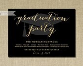 Gold Glitter Graduation Party Invitation Black Gold Graduate Cap College University High School Modern Printable Digital or Printed- Morgan Il_170x135