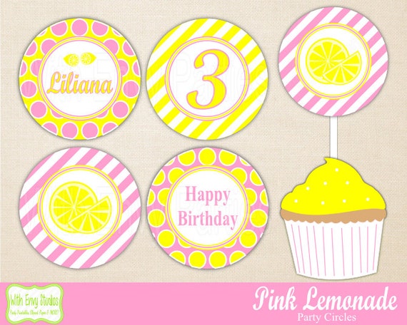 Pink Lemonade Party Circles, Lemonadel Cupcake Toppers, Printable Party Circles, Printed Cupcake Toppers Il_570xn