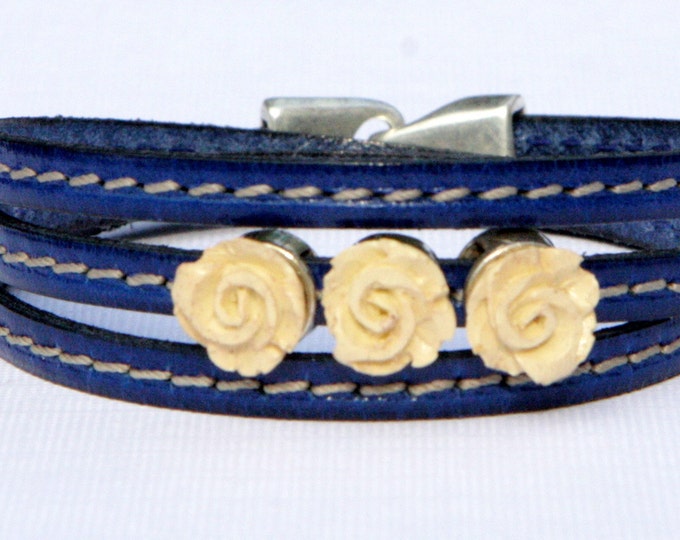 Flower Bracelet - Leather wrap With Flower Charms - Romantic Leather Bracelet