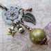 Charm Necklace Green Bead Jewelry Repurposed Long Boho Rustic Mixed Metal Leaf