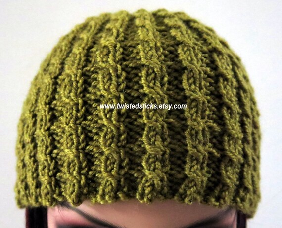 Hand Knit Beanie Olive Colored Beanie Unisex Wool by twistedsticks