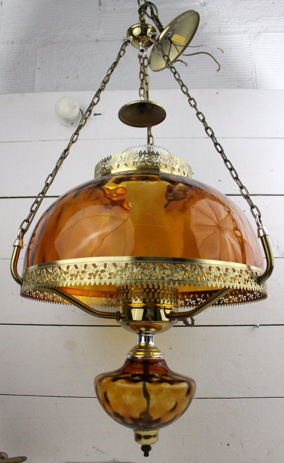 Vintage Amber Glass Hanging Lamp Hurricane Lamp