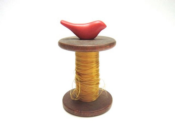 Little Orange Bird on Vintage small wooden spool pedestal decoration