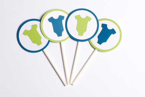 Baby Shower Decoration Infant Bodysuit Cupcake Toppers Green Blue Il_570xn