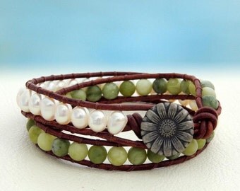 Daisy... Leather wrap bracelet... Beaded Double Wrap Bracelet. Original OceanBead Style.