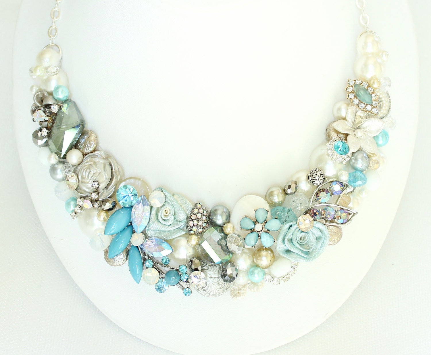 Tiffany Blue Statement necklace Aqua jewelry Pearl & Ivory