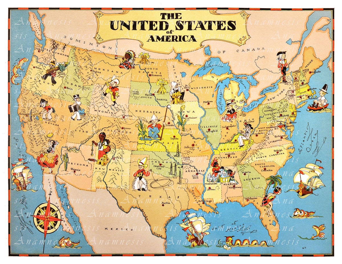 United States Map Print Digital Download Vintage Us