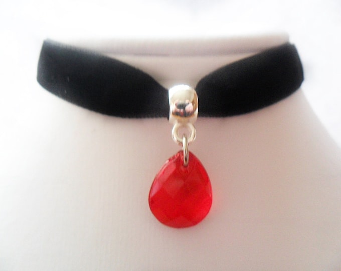 Velvet choker with red teardrop pendant and a width of 3/8” Black Ribbon Choker Necklace (pick your neck size)